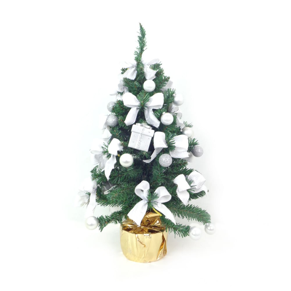 Mini Árvore De Natal Decorada 60cm Base Ouro Decoração Prata - Mundo 25
