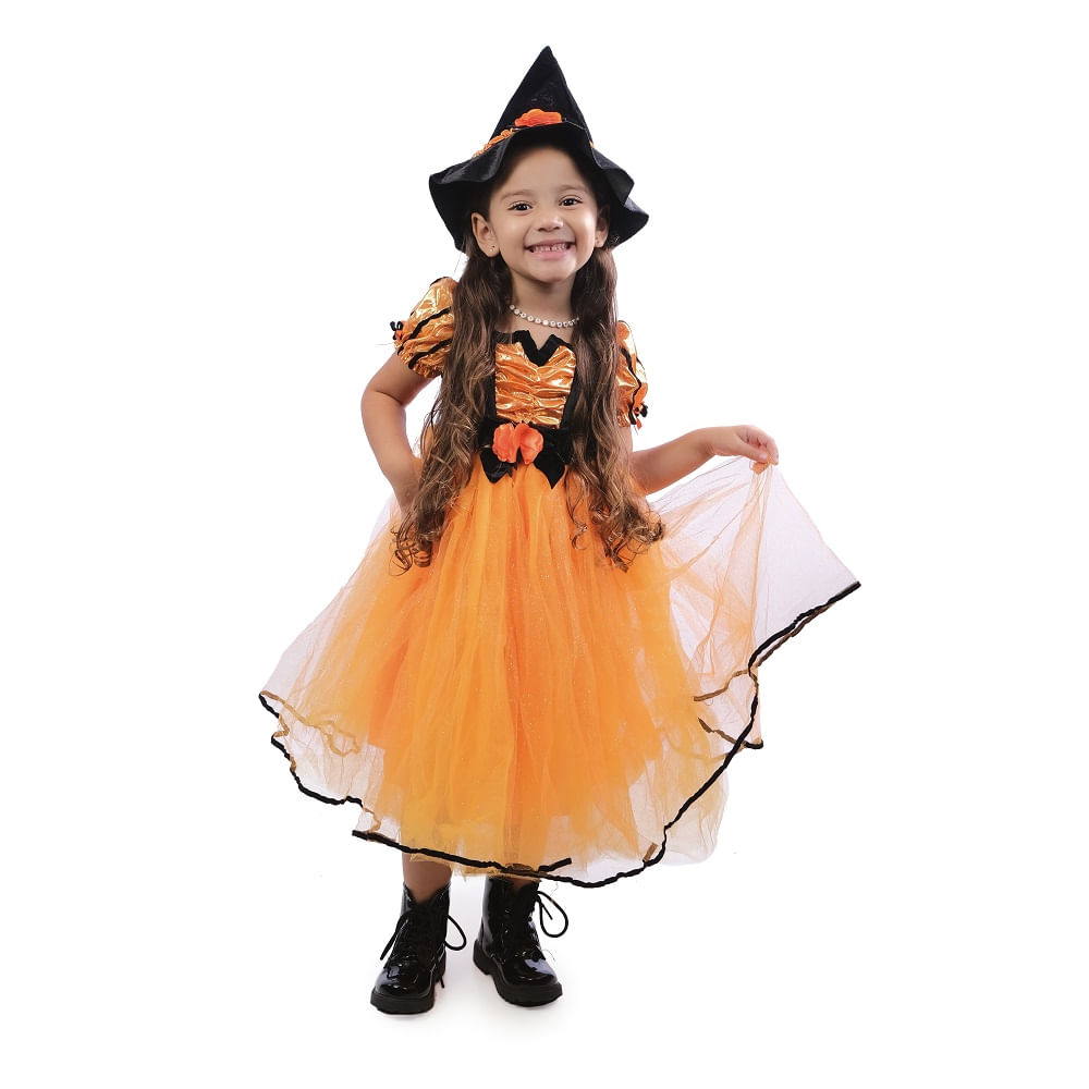 Fantasia Bruxinha Halloween Infantil Menina de Luxo Com Chapeu - M 6 - 9